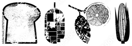 Halftone Vector Illustration of Bread, Mango, Citrus, and Corn