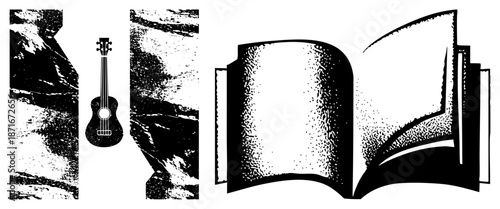 Open Book and Ukulele with Halftone Texture Vector Illustration