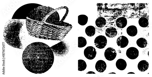 Vintage Woven Picnic Basket with Halftone Circles