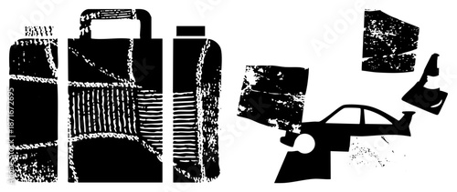 Abstract Black Silhouettes of Bottles and Car with Textured Grunge Effects