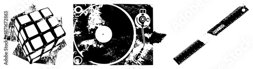 Vintage ’s Cube, Turntable, and Ruler in Grunge Vector Set