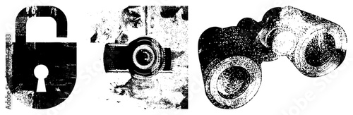 Vintage Halftone Illustration of Lock, Camera Lens, and Binoculars