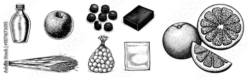 Vintage Halftone Illustration of Fruit, Spices, and Condiments Collection