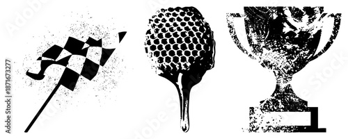 Victory Symbols Checkered Flag, Golf Ball, and Trophy in Grunge Style
