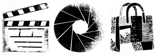 Film Clapperboard, Camera Aperture, and Shopping Bag in Grunge Vector Style