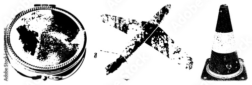 Vintage Film Reel, Aircraft, and Traffic Cone in Grunge Vector Style