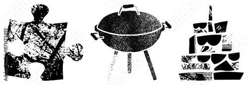 Three Halftone Silhouettes Puzzle, Grill, and Sailboat in Stylized Vector Design