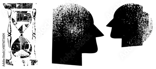 Hourglass and Silhouetted Heads in Halftone Vector Design