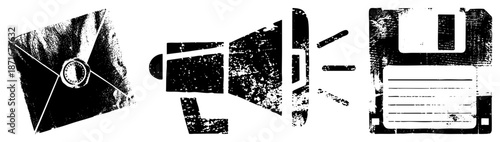 Vintage Communication Envelope, Megaphone, Floppy Disk in Grunge Style