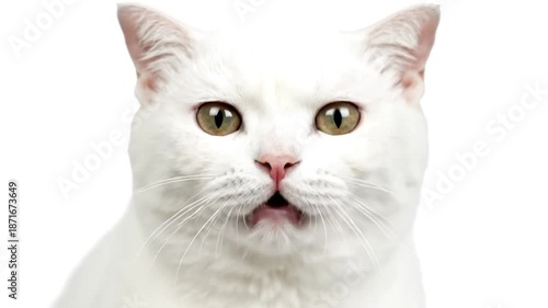 Adorable white cat with bright eyes meowing, isolated on a clean white background