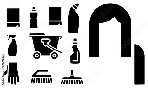 Black Silhouettes of Cleaning Tools and Supplies Set