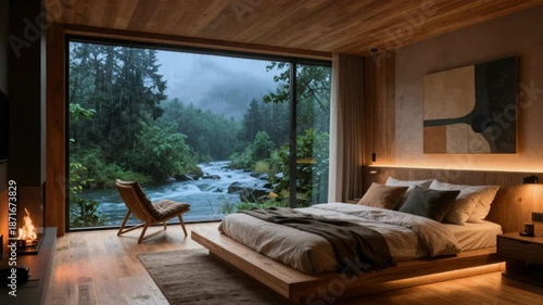 Warm, amber ambient light illuminates a cozy wooden minimalist bedroom featuring a low platform bed, contrasted by the dramatic, rainy view of a rushing river and lush green forest outside the floor