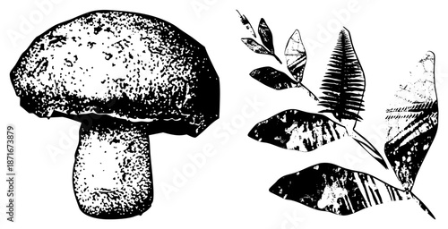 Stylized Mushroom and Leafy Branches in Halftone Vector Illustration