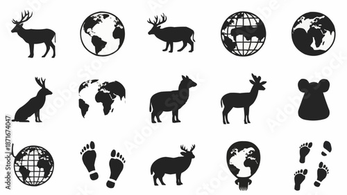 Collection of animal and globe icons representing conservation.