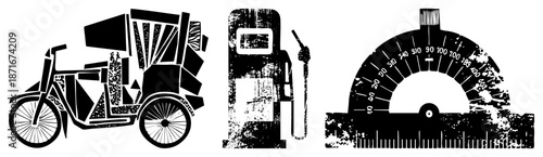 Vintage Gas Pump, Tuk Tuk, and Protractor Vector Set