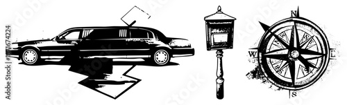 Vintage Limousine, Street Lamp, and Compass Rose Vector