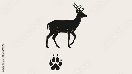 Black silhouette of a majestic deer with antlers and a paw print below.