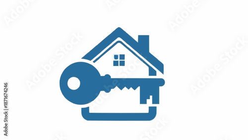 Blue house icon with a key in front of it symbolizing real estate.