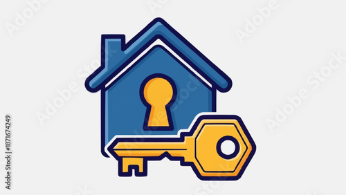 Blue house icon with a golden key in front symbolizing real estate.