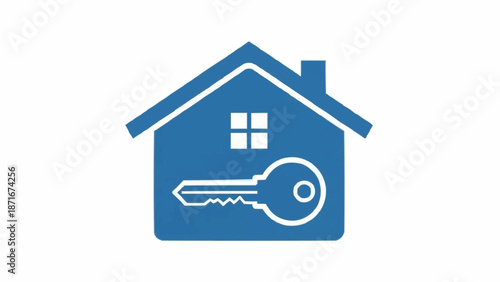 Blue house icon with a key inside symbol for real estate.