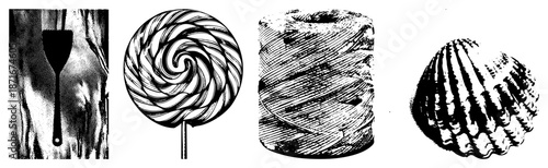 Black and White Vector Illustrations of Spatula, Lollipop, Thread Spool, and
