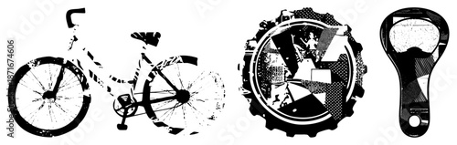 Vintage Bicycle, Bottle Cap, and Bottle Opener in Halftone Vector Design