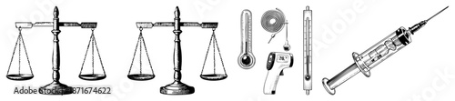 Classic Scales, Thermometers, and Syringe Medical Instruments Set