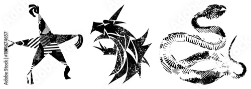 Tribal Warrior, Dragon, and Serpent Vector Silhouettes with Textured