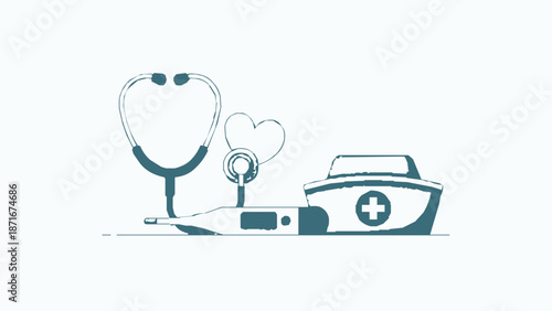 Medical health care icons including a stethoscope, thermometer, and nurse's cap with a heart symbol