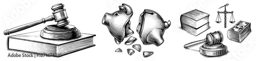 Broken Piggy Bank and Legal Symbols Representing Financial Judgment