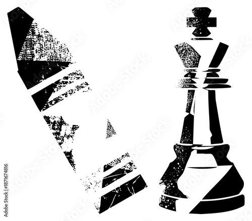 Stylized Chess Bishop and Queen in Grunge Vector Silhouette