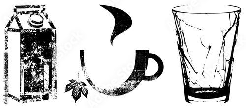 Vintage Milk Carton, Coffee Cup with, and Glass Tumbler in Grunge Style