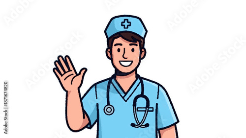 Friendly male nurse in light blue uniform smiling and waving, a welcoming and approachable healthcare professional providing essential care and support with a positive attitude