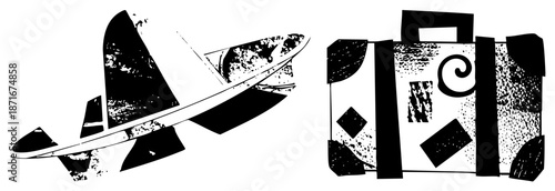 Vintage Traveler’s Suitcase and Classic Airplane in Retro Halftone Style