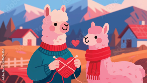 Illustration Of An Alpaca Wearing A Sweater, Knitting A Heart-Shaped Scarf For Another Alpaca, Mountain Village Background Vector Design Template