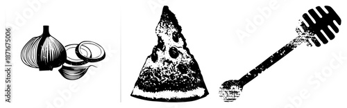 Garlic Cloves, Pizza Slice, and Honey Dipper in Halftone Vector Style