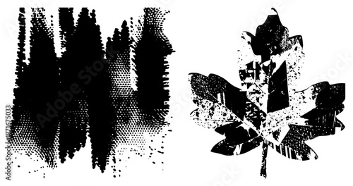 Stylized Canadian Maple Leaf with Halftone Texture and Abstract Forest Silhouette