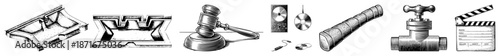 Vintage Gavel, Film Clapperboard, and Industrial Pipe Vector
