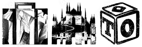 Abstract Halftone Architectural Silhouettes with Lettered Cube