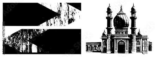 Islamic Mosque with Minarets and Dome in Black and White Vector Art