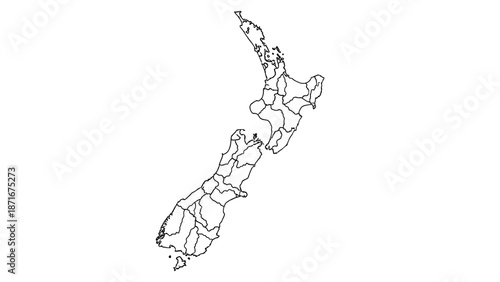 New Zealand Map with Administrative Divisions Outline on Isolated White Background