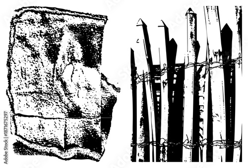 Weathered Stone Block and Rustic Barbed Wire Fence in Halftone Vector Style