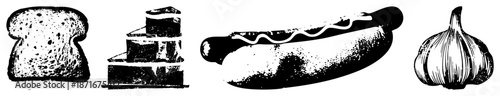 Classic Food Bread, Cake, Hot Dog, Garlic in Bold Black Art