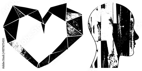 Geometric Heart and Human Head Silhouette in Grunge Vector Art