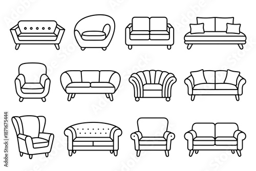 Sofa and Armchair Line Icon Set: Vector Outline Symbols of Modern Living Room Furniture, Couches, and Comfortable Seating for Interior Design.
