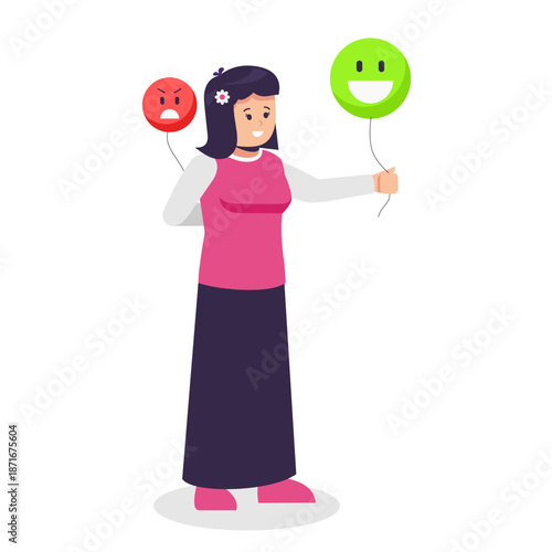 woman holding balloons with emotion face., Ability to manage their emotions. Emotional control and self regulation. Emotion regulation and depression management. 