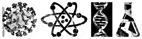 Scientific Symbols Representing Virus, Atom, DNA, and Lab Flask in Graphic Design