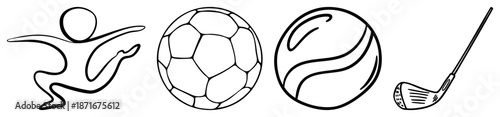 Sports Set Featuring Soccer Ball, Tennis Ball, Golfer, and Golf Club
