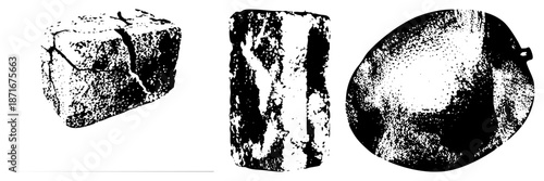 Three Halftone Stone Fragments with Cracked Textures and Rough Surfaces