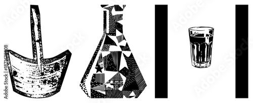 Vintage Textile Dyeing Tools and Glassware in Halftone Vector Style